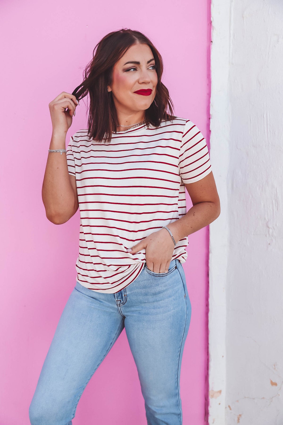 Katie Striped Top-Ivory/Red