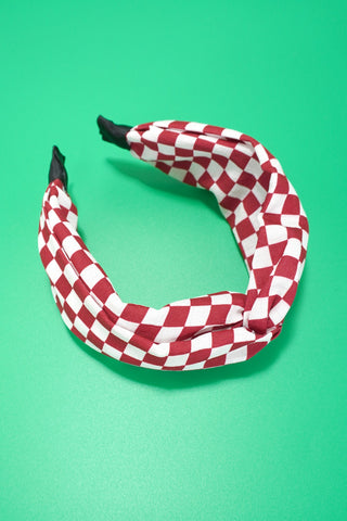 Knotted Checker Headband-Red