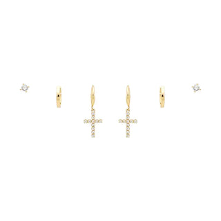 Set of 3 Gold Cross & Stud Earrings