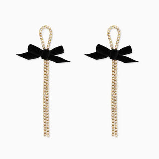 Black Velvet Bow Rhinestone Earrings-Gold