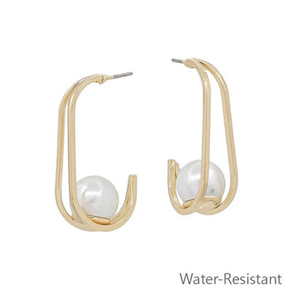 Gold Geometric Hoop & Pearl Earring