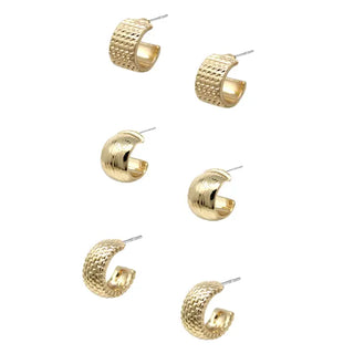 Gold Set of 3 Textured Huggie Earrings