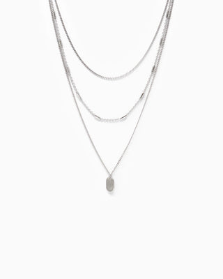 Triple Layered Chain Necklace Mini Tag Pendant-Silver