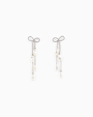 Long Bow Pearl Deco Drop Earrings-Silver