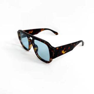 Ellen Retro Square Pilot Sunglasses-Tortoise/Blue