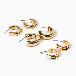 Set of 3 Bold Chunky Hoop Earrings-Gold