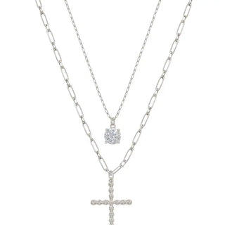 Silver Cross Charm & Crystal Layered Necklace