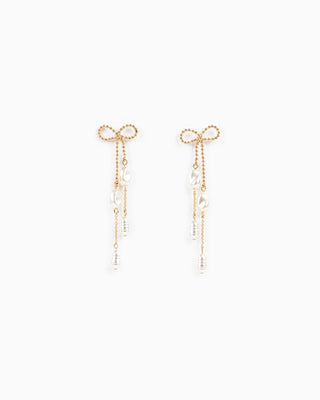 Long Bow Pearl Deco Drop Earrings-Gold