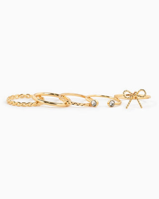 Set of 5 Rope and Bow Textured Rings-Gold