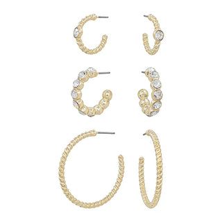 Set of 3 Huggie & Crystal Hoops-Gold