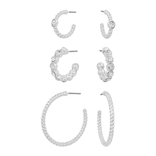 Set of 3 Huggie & Crystal Hoops-Silver