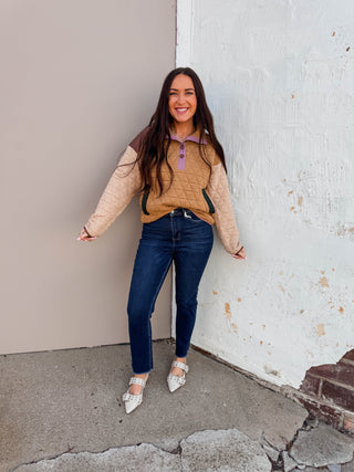 Londyn Quilted Pullover-Caramel/Beige