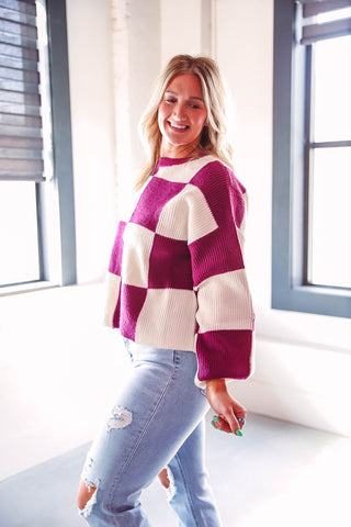 Cora Checkered Sweater-Purple