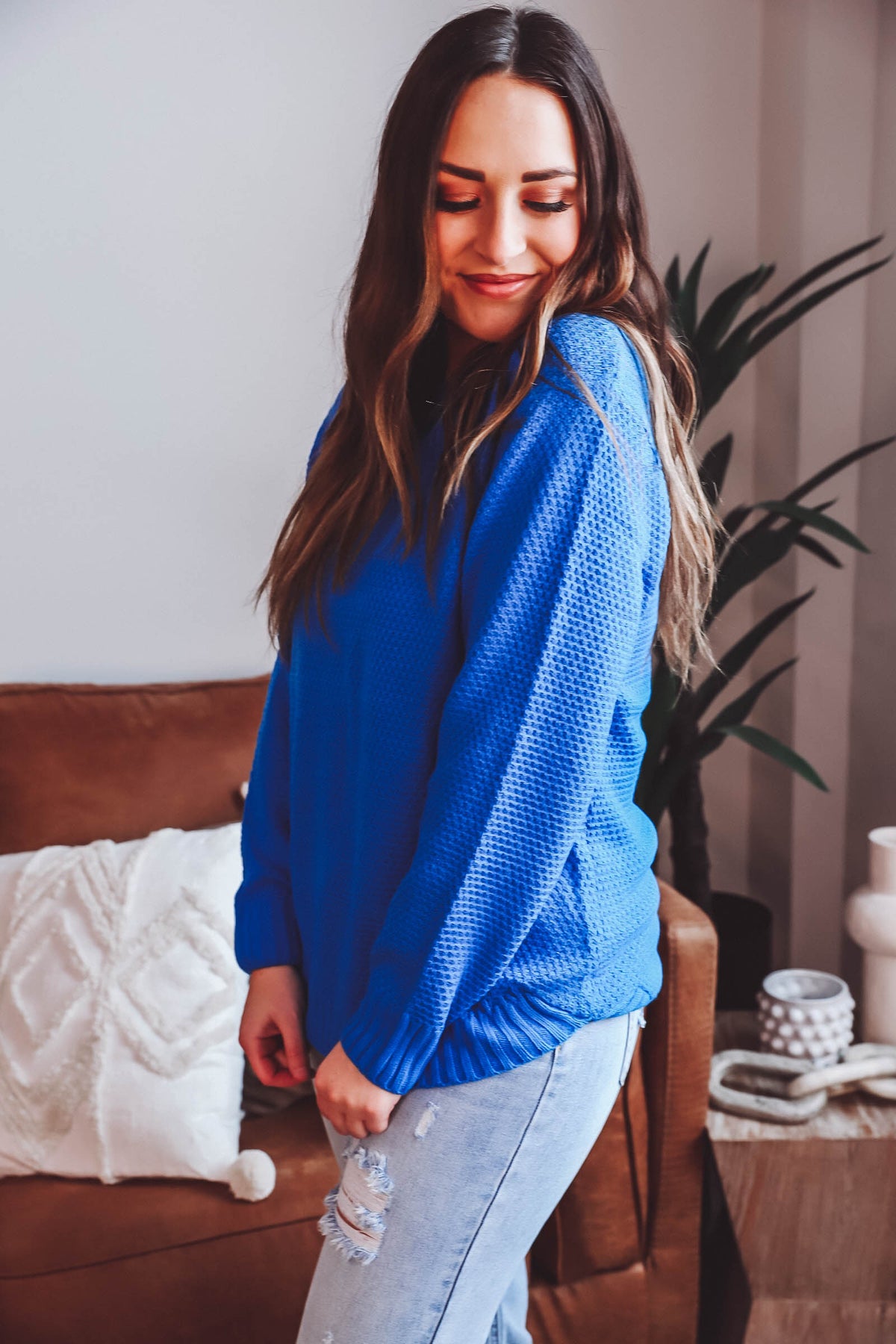 Carlie Waffle Knit Sweater-Ocean Blue