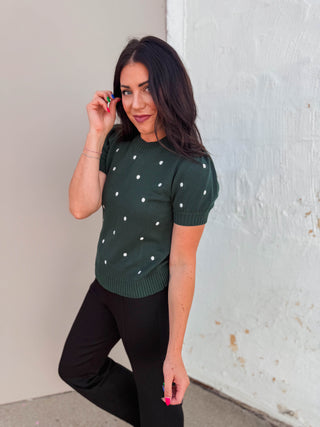 Kali Polka Dot Knit Top-Hunter Green
