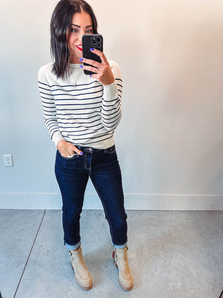 Kayla Striped Sweater-Ivory/Navy