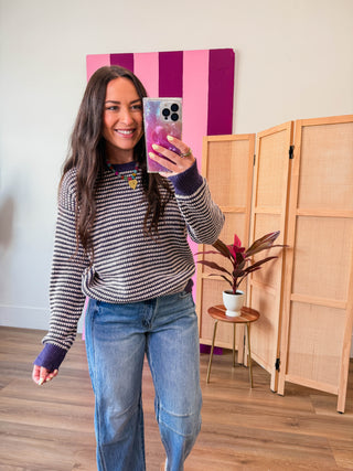 Simone Striped Sweater-Eggplant