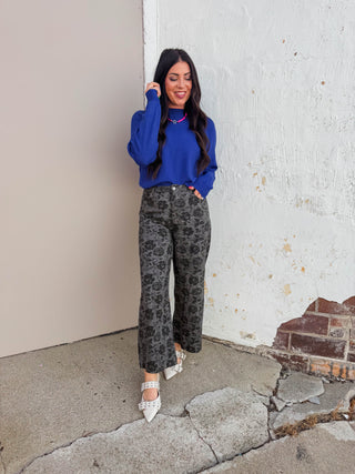 Serena Floral Pants-Charcoal