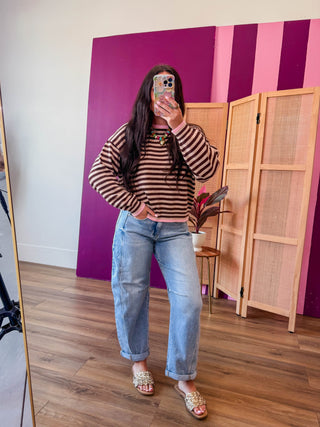 Maisie Striped Sweater-Choco/Pink