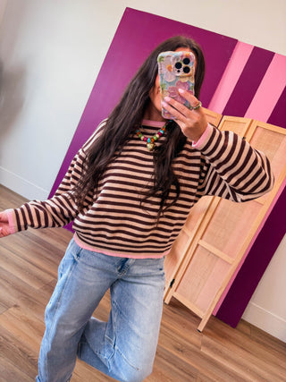 Maisie Striped Sweater-Choco/Pink
