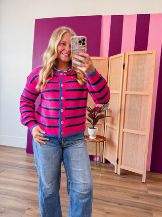 Nikki Striped Cardigan-Magenta Mix