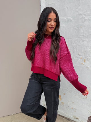 Lyla Cropped Sweater-Cabernet/Candy Pink