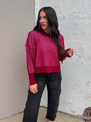 Lyla Cropped Sweater-Cabernet/Candy Pink