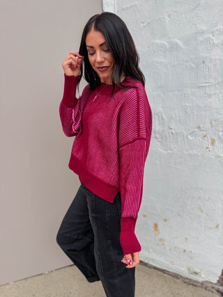 Lyla Cropped Sweater-Cabernet/Candy Pink
