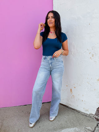 Chill Day Striped Tee-Deep Sea Blue