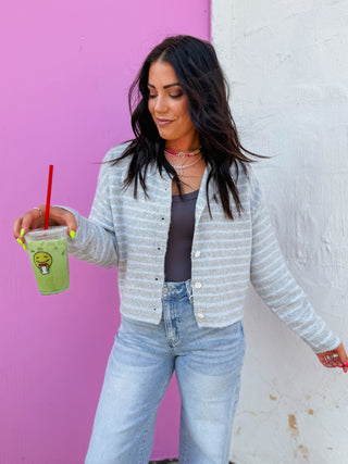 Daydreamer Striped Cardigan-H. Grey/Sky
