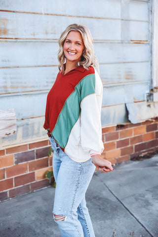 Mandi Color Block Pullover-Rust Mix