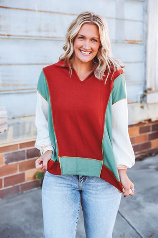 Mandi Color Block Pullover-Rust Mix