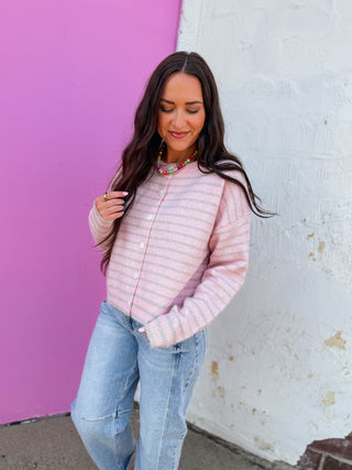 Daydreamer Striped Cardigan-Pink/Taupe