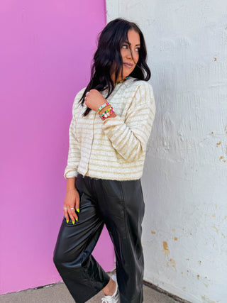 Daydreamer Striped Cardigan-Oatmeal/Taupe