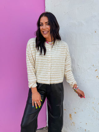 Daydreamer Striped Cardigan-Oatmeal/Taupe