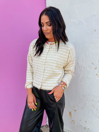 Daydreamer Striped Cardigan-Oatmeal/Taupe