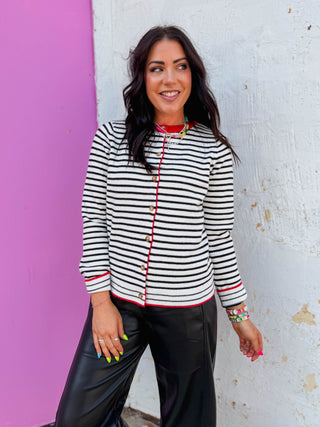 Kristin Striped Cardigan-Ivory/Red