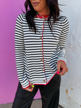 Kristin Striped Cardigan-Ivory/Red