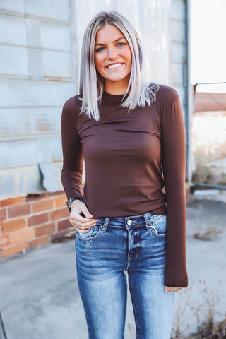 Laci Basic Long Sleeve Top-Brown