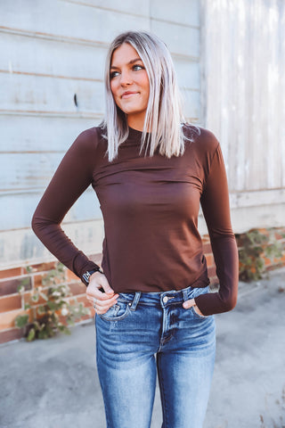 Laci Basic Long Sleeve Top-Brown