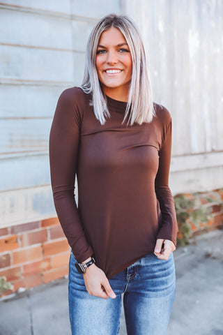 Laci Basic Long Sleeve Top-Brown