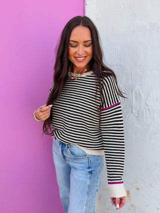 Carson Striped Sweater-Black/Magenta