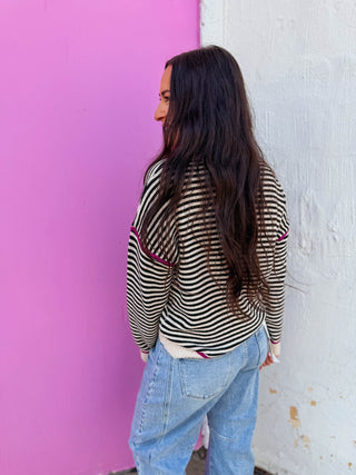 Carson Striped Sweater-Black/Magenta
