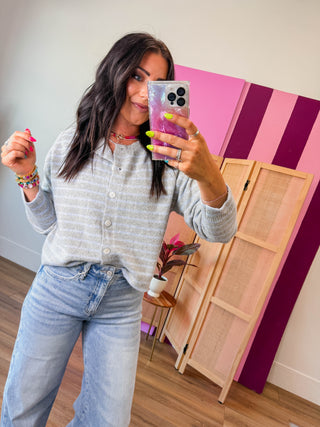 Daydreamer Striped Cardigan-H. Grey/Sky