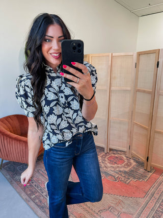 Lisa Floral Embroidered Top-Navy