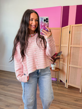 Daydreamer Striped Cardigan-Pink/Taupe