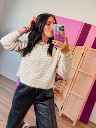 Daydreamer Striped Cardigan-Oatmeal/Taupe
