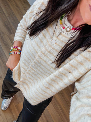 Daydreamer Striped Cardigan-Oatmeal/Taupe