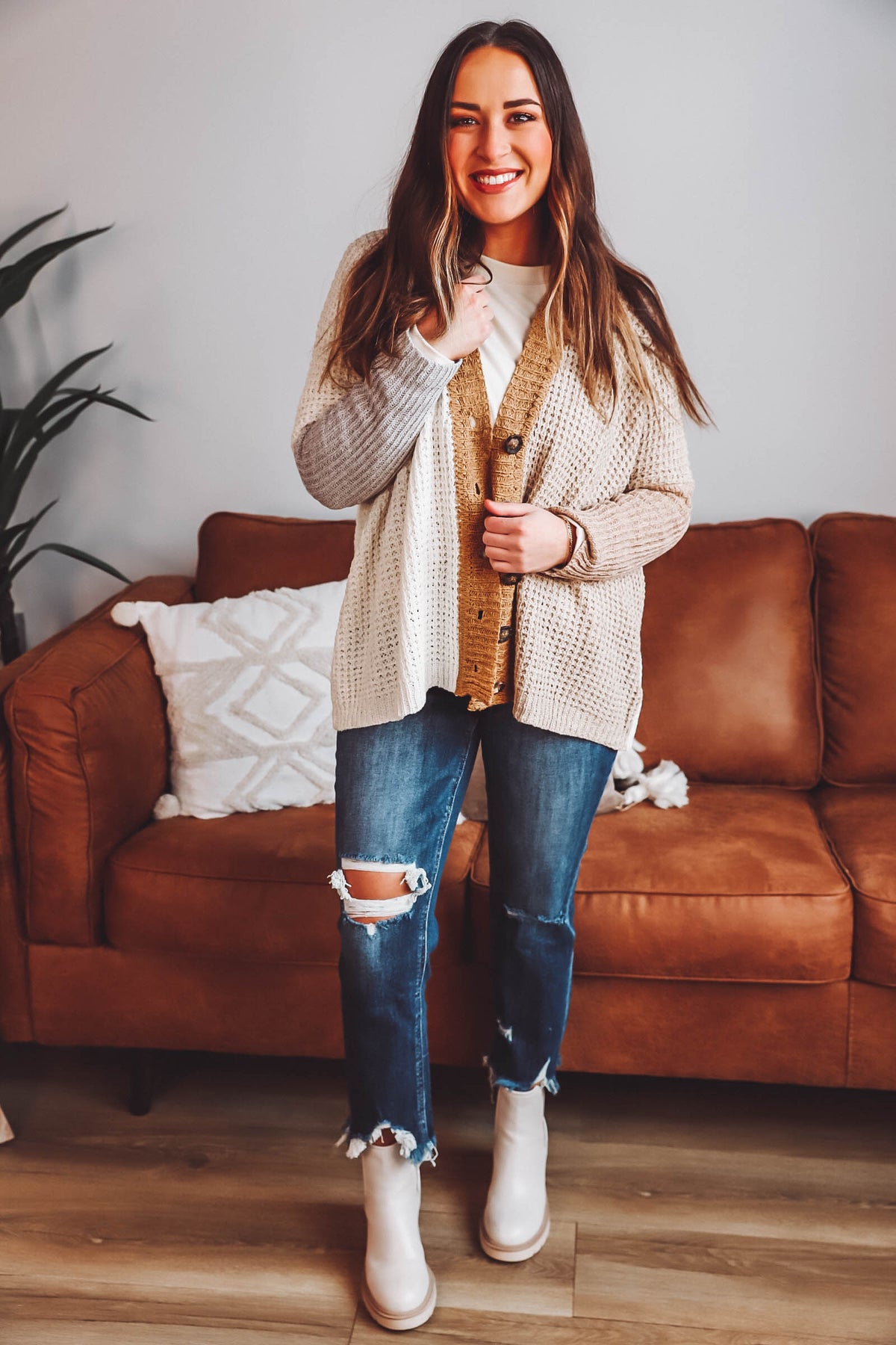 Gabby Color Block Cardigan-Taupe Combo