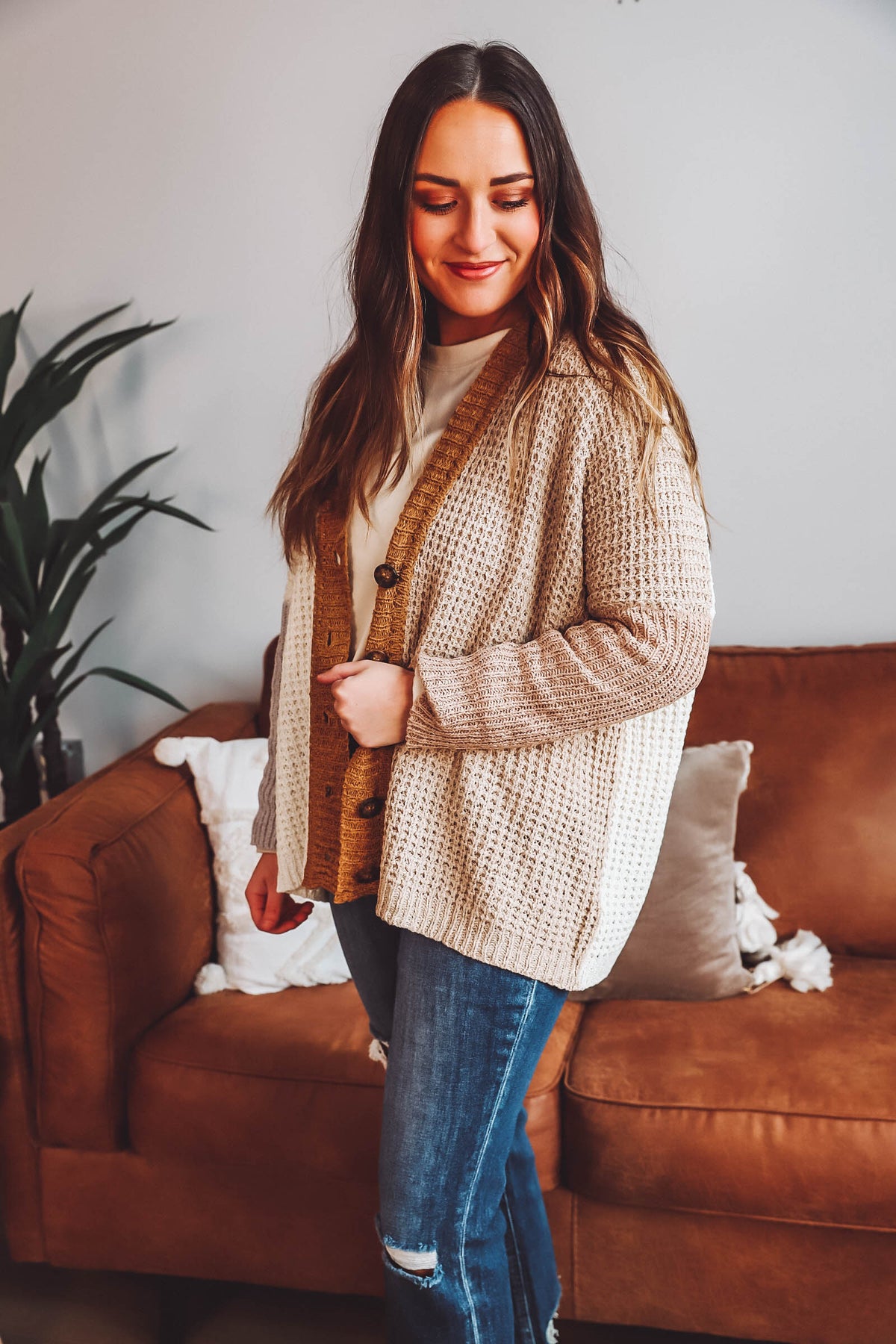 Gabby Color Block Cardigan-Taupe Combo
